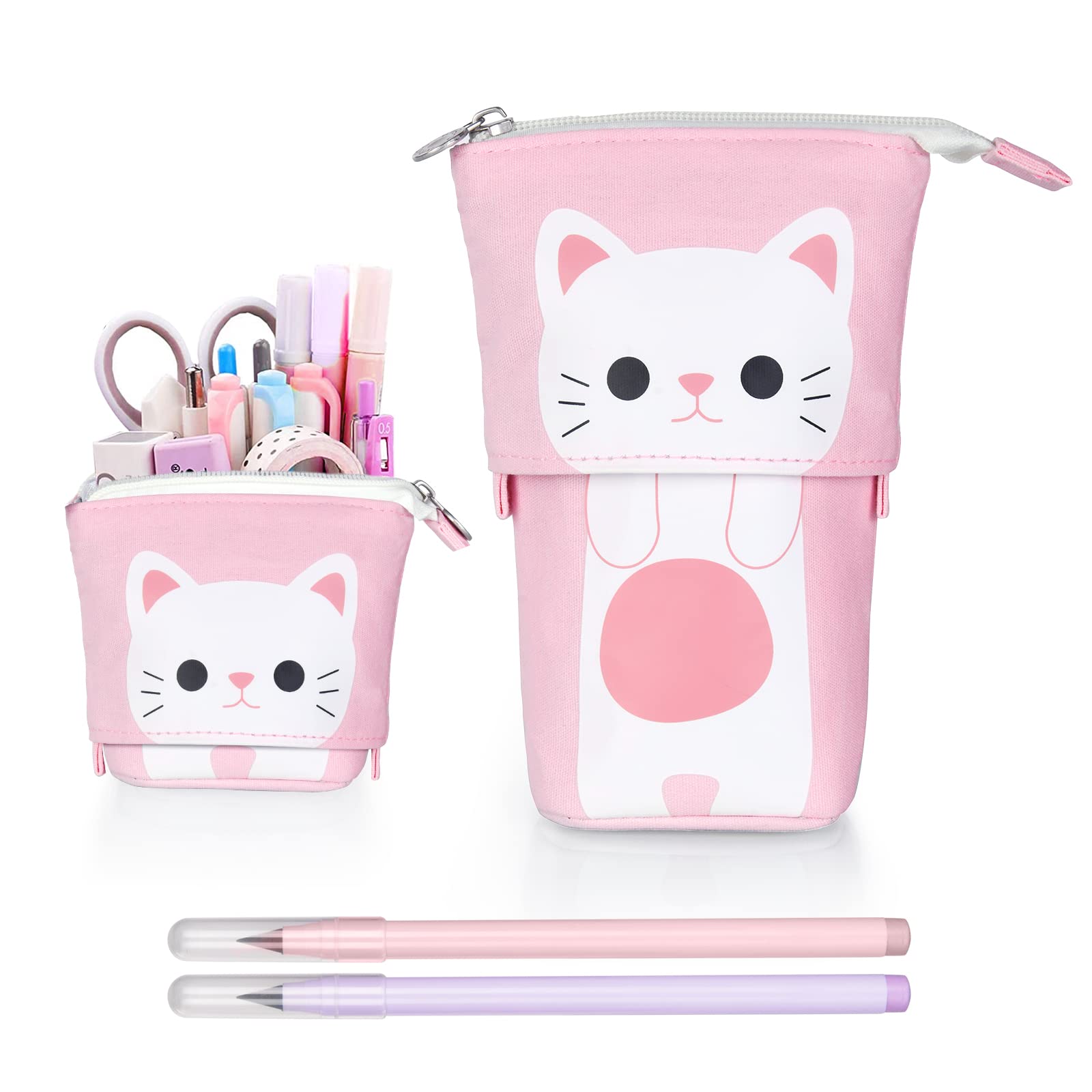 Vicloon Stand Pencil Holder, Telescopic Pencil Case with 2 Pencils Cartoon Cute Cat Pencil Pouch Canvas Pencil Holder Stationery Makeup Bag for Students and Office Supplies Pink