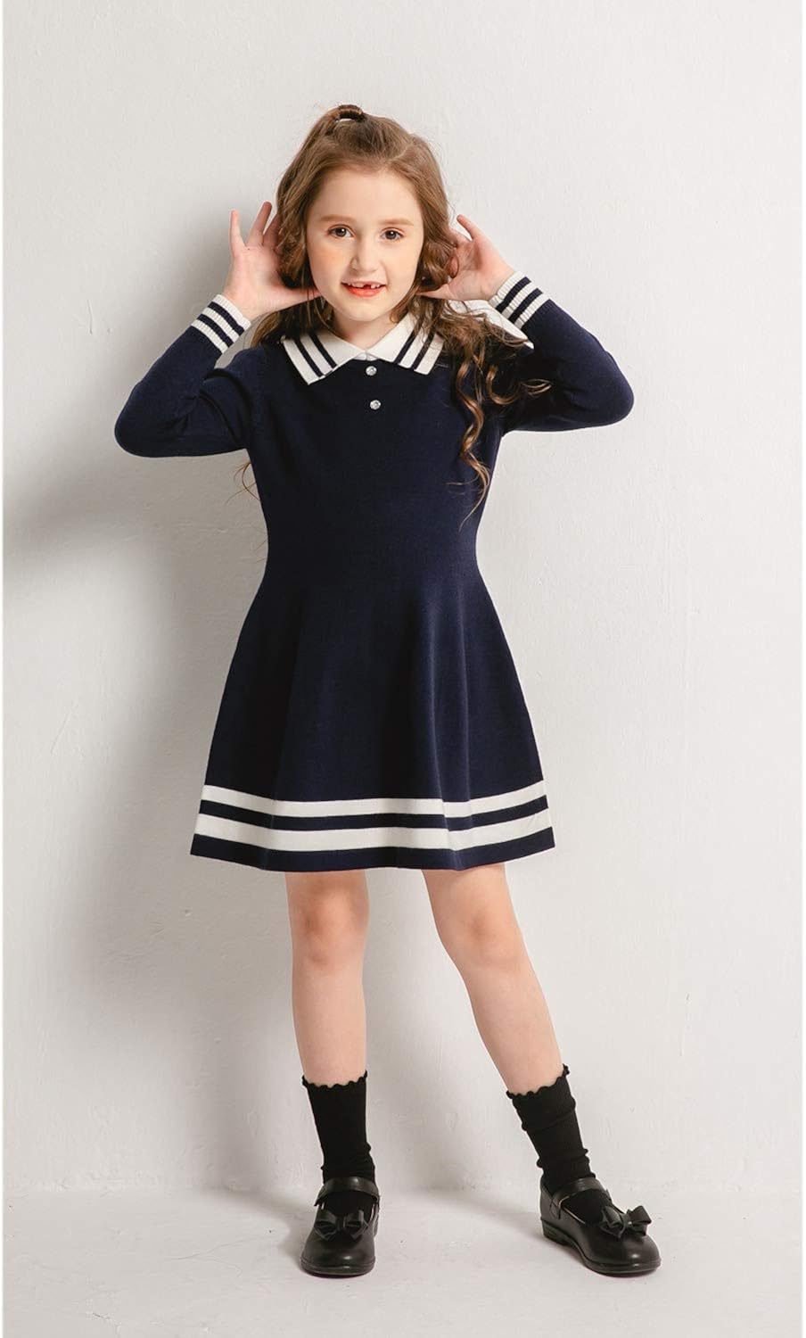 SMILING PINKER Girls Uniform Dresses Long Sleeve School Polo Striped Knit Sweater Dress: Clothing