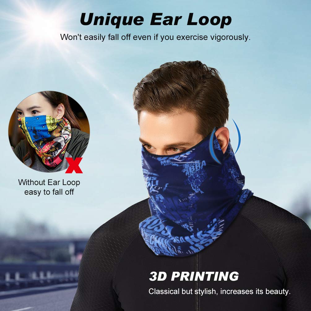 VBIGER Face Bandana Mask, Headwear, Neck Gaiter, Head Wrap, Headband,Scarf for Men and Women, with UV Protection & Unique Ear Loop