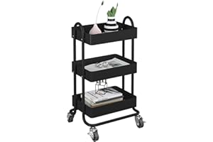 Elitehouse 3-Tier Rolling Metal Storage Organizer,Mobile Utility Cart,Kitchen Storage Carts with Caster Wheels,Rolling Utility Cart Suitable for Office,Home,Kitchen,Garden（13.4"x18.1"x31"） Black