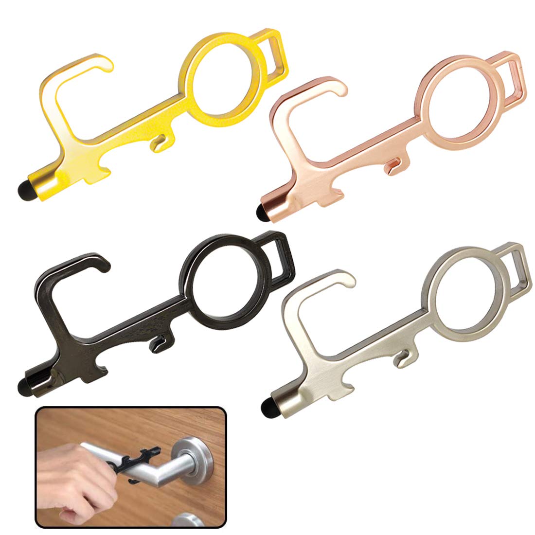 Contactless Door Opener Tool, 4 Pcs Multifunctional No Touch Key Door Opener Ergonomic Hook Touchscreen Button Mobile Stylus with Keychain for Outdoor No Touch Environment etc.
