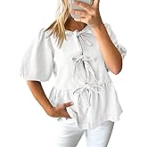 Tankaneo Womens Denim Tie Front Tops Babydoll Peplum Puff Sleeve Jean Shirts Crew Neck Summer Casual Bow Blouses