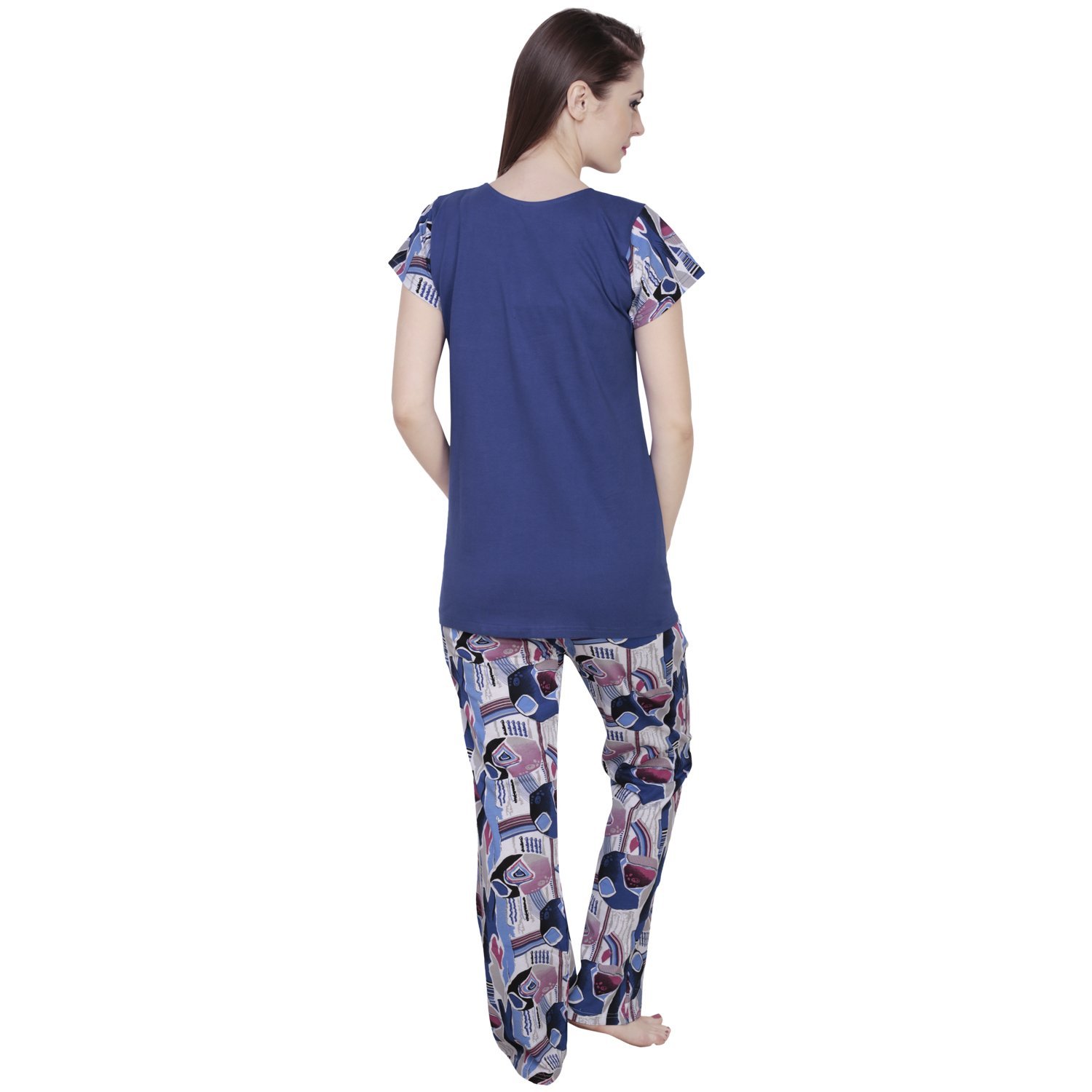 claura abstract print blue cotton night suit pyjama set
