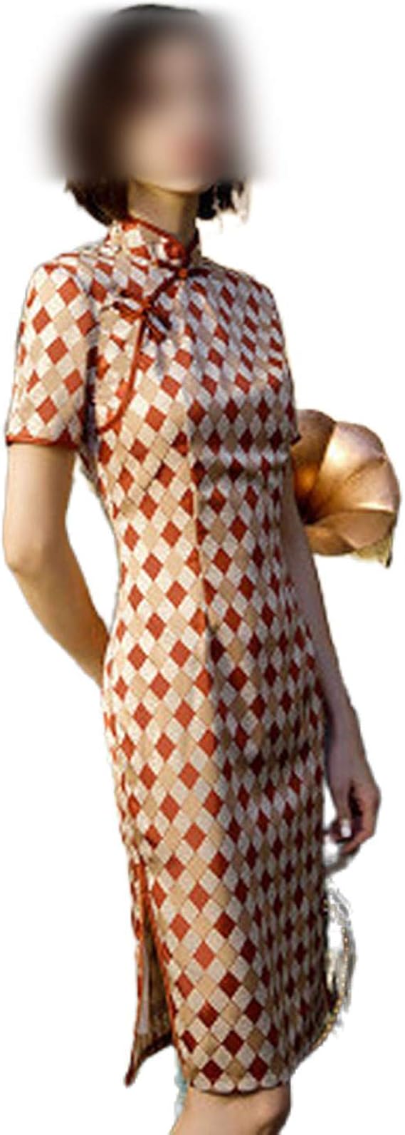 Amazon Co Jp Kawayi 桃 赤いひし形パターン中国のドレススペル色チェック柄チャイナドレス女性の服チャイナドレスモダンvestidoチノmujer膝qipao 服 ファッション小物