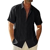 Runcati Mens Linen Cuban Guayabera Shirts Button Down Short Sleeve Shirt Cotton Hippie Summer Beach Vacation Shirts