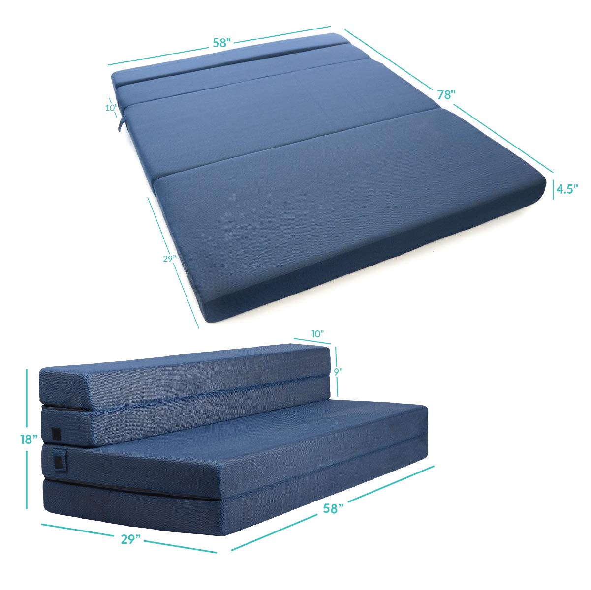 Milliard Tri-Fold Foam Folding Mattress and Sofa Bed for Guests - Queen 78x58x4.5 Inch (Navy)