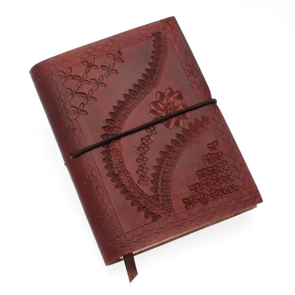 Handmade Embossed Medium Leather Notebook, Soft Cover and Elastic Closure Journal, Chocolate Brown, 50 Unlined Recycled Paper Pages