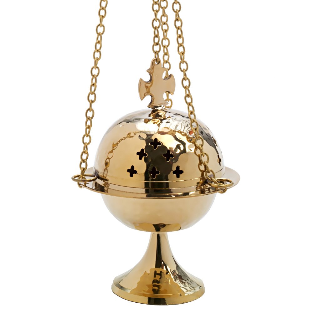 NKlaus Censer with Cross Chain 52cm Incense Burner Brass Swivel Deco gold 7610