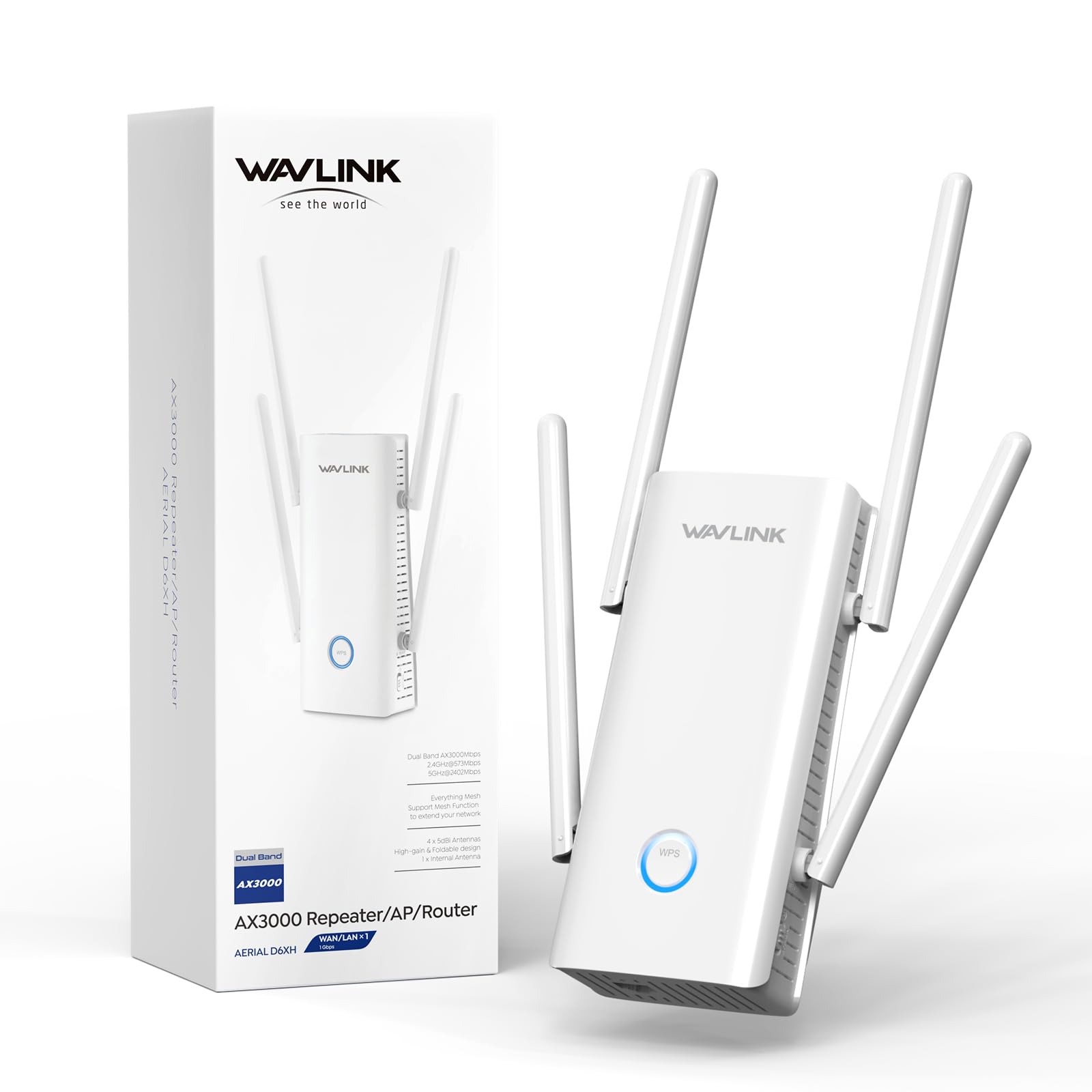 WAVLINK WLAN Verstärker Steckdose WiFi 6 AX3000 für Zuhause deckt bis zu 3000sq.ft, WLAN Reapter 5 * 5 dBi Antennen, Dual Band (5GHz/2.4GHz) Access Point mit Gigabit-Anschluss