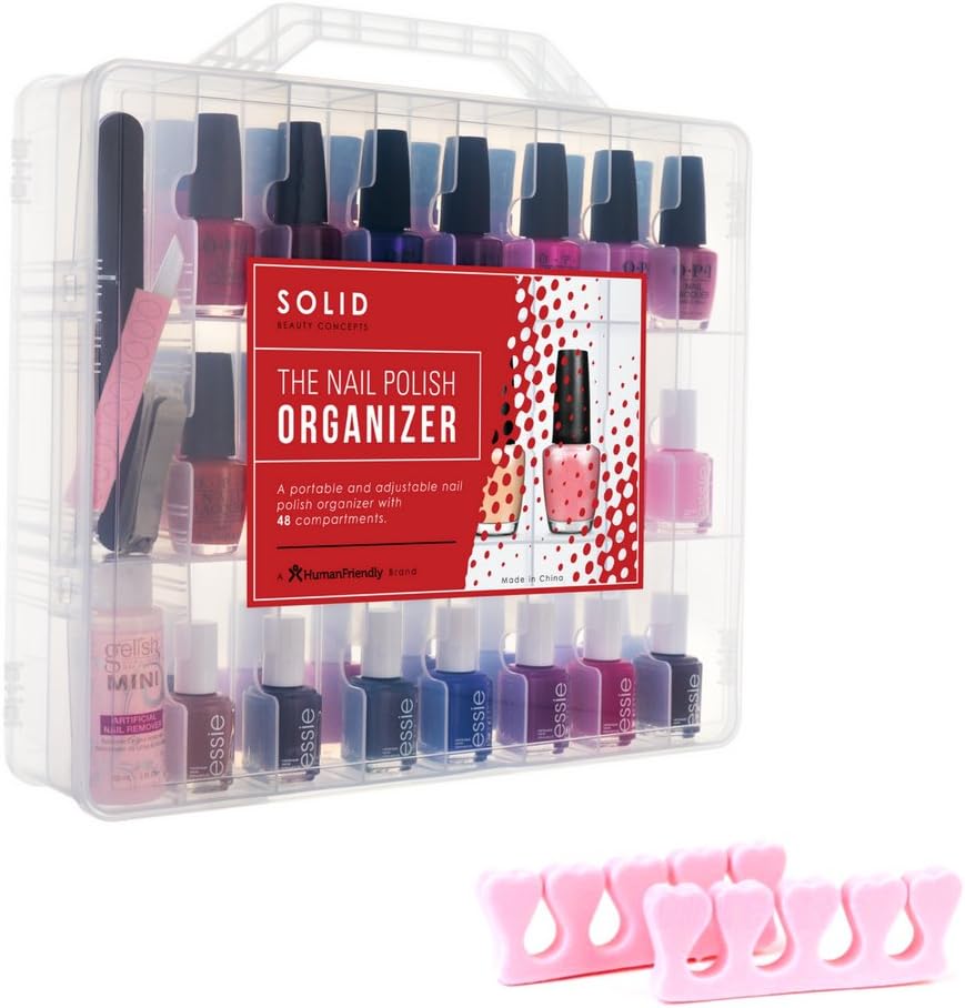 Portable Nail Polish Organizer for 48 Bottles with 2 Foam Toe Separators, 2 Adjustable Compartments & Double Locking Lids - Clear