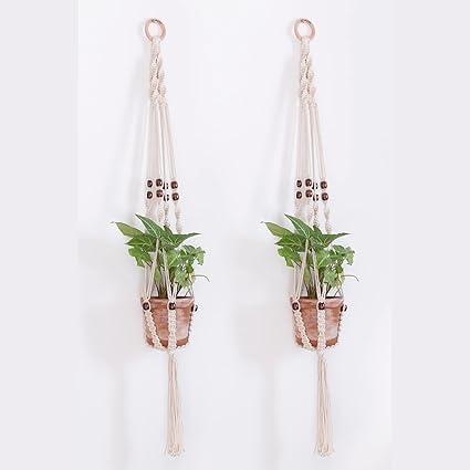 LazyGardener Macrame Handmade Plant Wall Hanger- Beads Knotted Cords, 107 cm(Brown Beads, 2 Set) | 100% Organic Cotton | Indoor/Outdoor Boho Rope Plant Hanger Without Pot.
