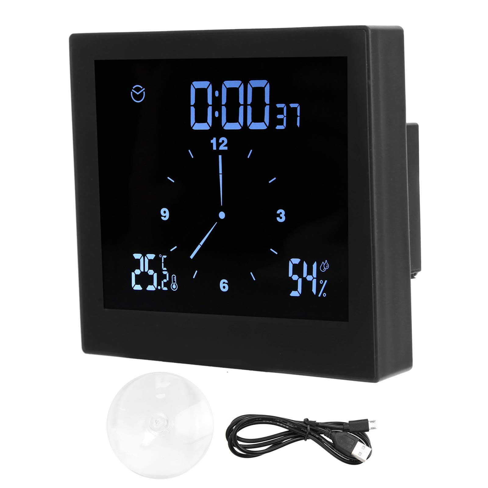 Shower Clock IP65 Waterproof Digital Clock for Bathroom, Scientific Bath Time Bathroom Clock with Timer and Thermometer, with Fixed Suction Cup 3.5x10.5x11.5cm (Black)