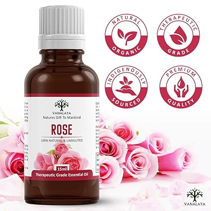 Vanalaya Rose Essential oil 100% Pure and Natural Therapeutic grade Steam distilled oil for skin care, Hair care, and Aromatherapy 15ml