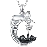 LONAGO White Cat and Black Cat Moon Pendant Necklace Sterling Silver Cat Necklace Jewelry Gift for Women