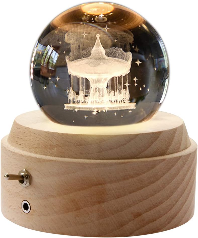 Wooden Music Box,3D Crystal Ball Music Box Clover Luminous Rotating