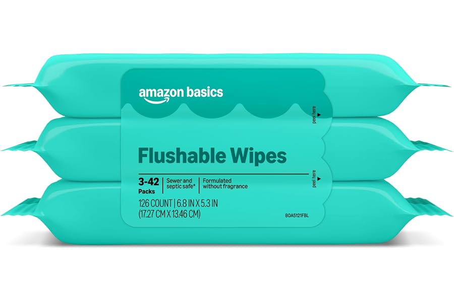 Amazon Basics Flushable Wipes, Fragrance Free, Adult Wet Wipes,126 Count (3 Packs of 42), Packaging May Vary