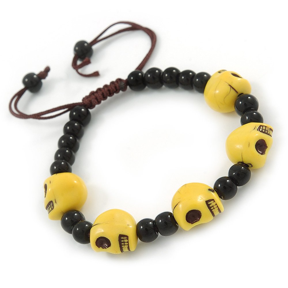 Avalaya Yellow Acrylic Skull Bead Children/Girls/Petites Teen Friendship Bracelet On Black String - (13cm to 16cm) Adjustable