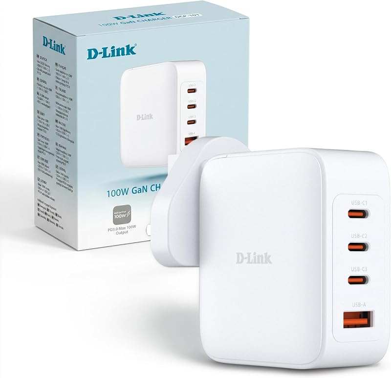 DCP-101 Cargador USB GAN 100W – Cargador rápido de 4 Puertos con USB-C PD 3.0 y QC 4.0 – Adaptador Compacto para portátil, móvil y Tablet – Enchufe EU