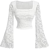 MakeMeChic Women's Floral Lace Bell Sleeve T Shirt Square Neck Fitted Crop Tops