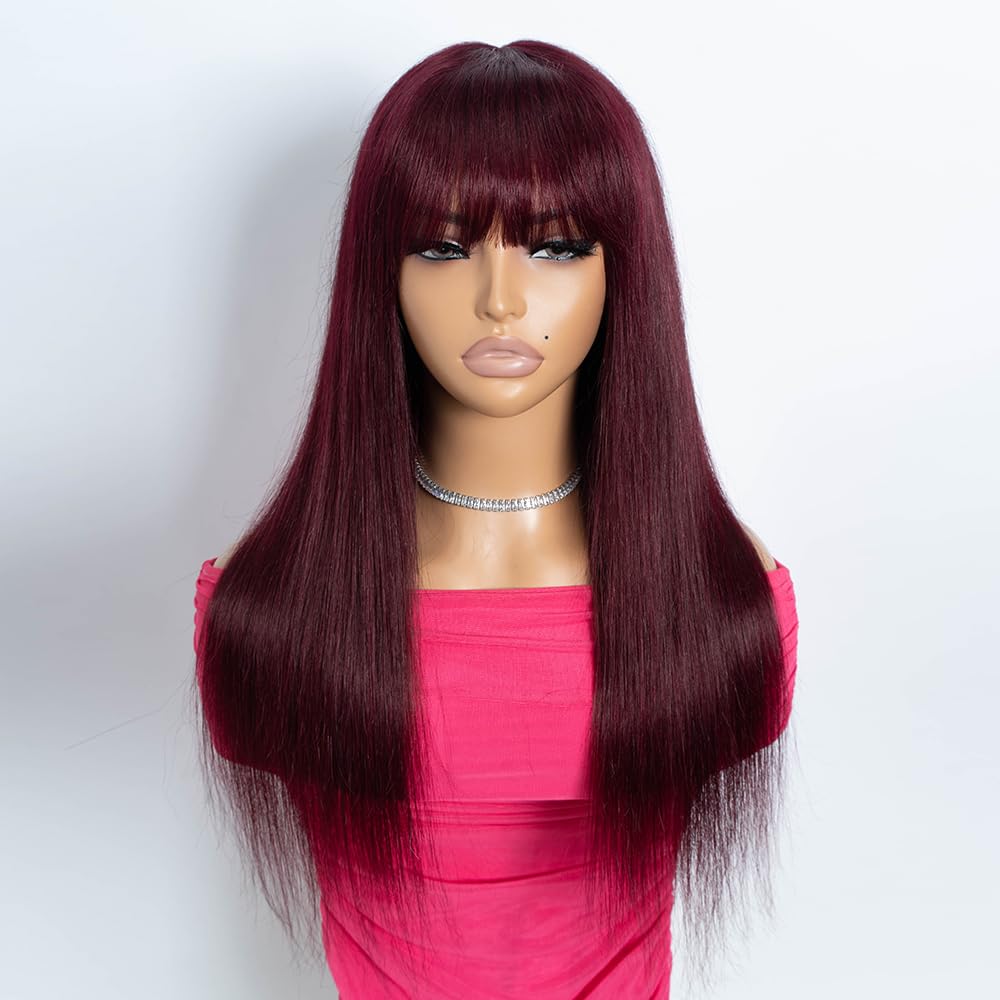 Rebecca Fashion Burgundy Straight Wig with Bangs Human Hair Silky Straight Bang Glueless Minimalist 2.75x1 Lace Scalp Wig for Women Brazilian Remy Hair 20 Inch