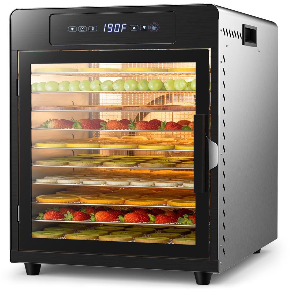 Septree 800W Food Dehydrator | Large 10 Stainless Steel Trays | Digital Adjustable 190°F Temperature& 24H Timer, Versatile Drying Machine for Jerky Herbs Fruit Mushrooms Yogurt, Built-in Light
