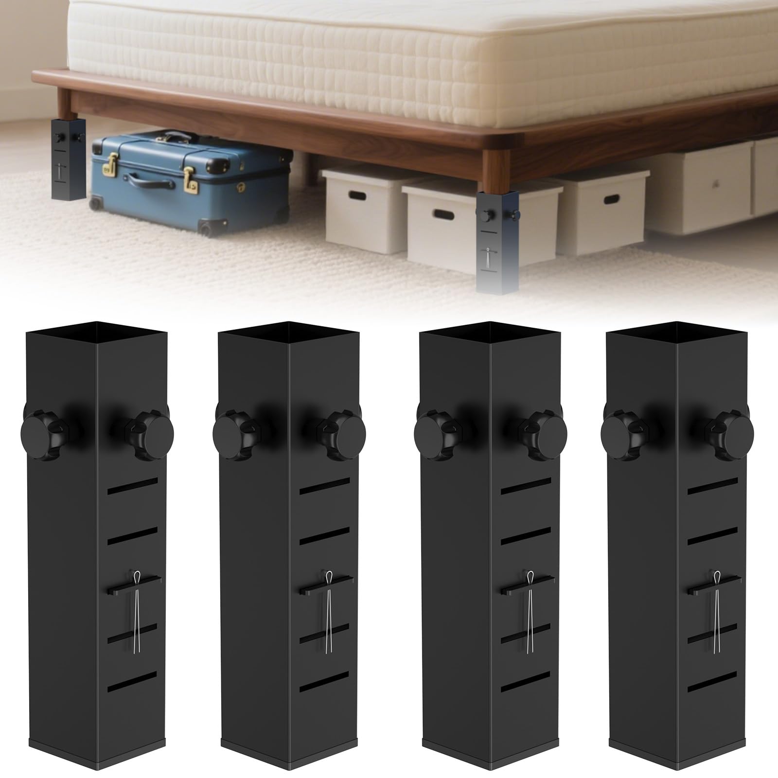Photo 1 of YUEYIN Heavy Duty Dorm Bed Risers Extenders, Increase Under-Bed Storage Space, Fits Bed Legs 1.5" to 2.2" Diameter, Thickened Steel for Extra Stability, 5-Level Adjustable Height, Black, 4-Piece.