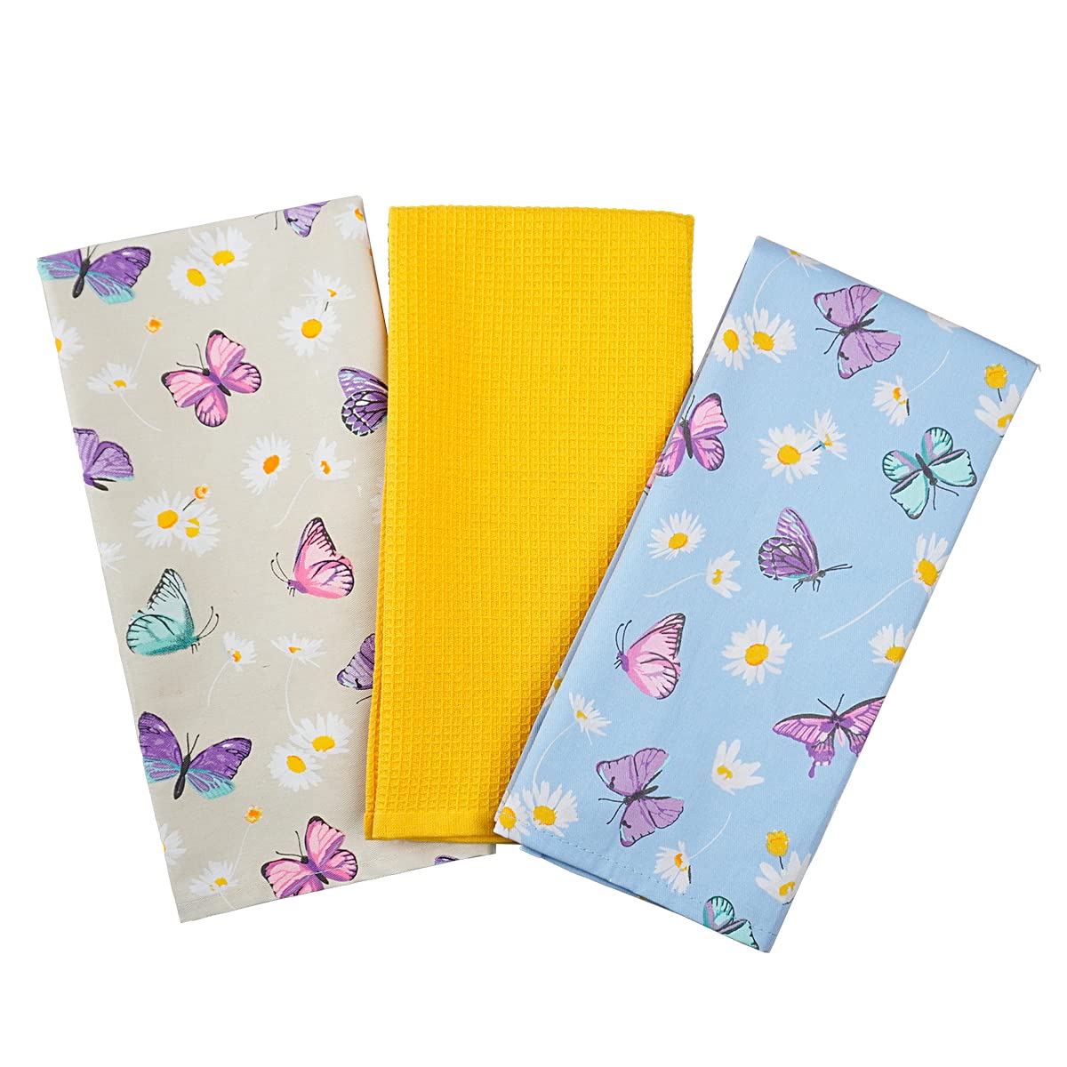 SiXsigma Sports Pack of 3 Tea Towels For Kitchen - Premium Cotton Decorative Kitchen Towel Linen for Cooking, BBQ, Baking & Dish Drying - Ideal For Women & Men (Butterfly Daisy)