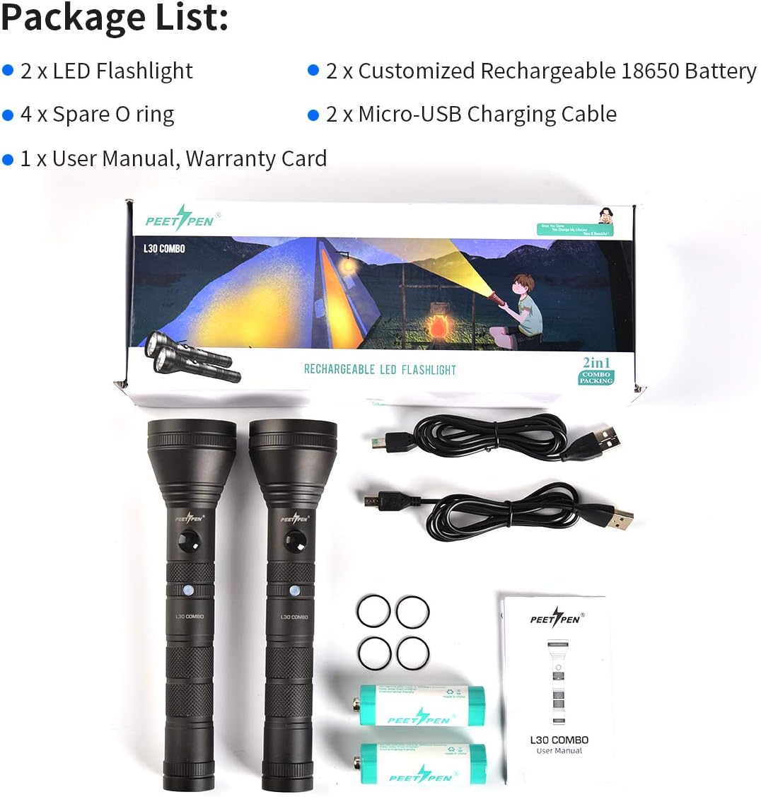 USB Rechargeable LED Flashlight (2 PACK) 1200 High Lumens Water Resistant 18650 Battery Included Handheld Tactical Flash Light for Outdoor Camping Emergency Everyday Flashlights - - 