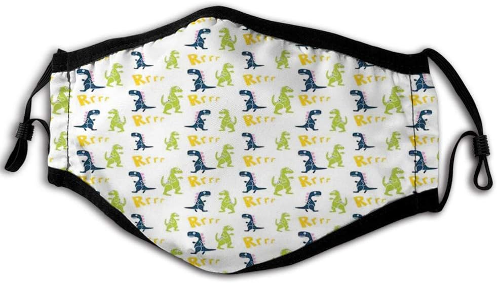 Comfortable Printed mask，Happy Cartoon Dino Reptile with Rrrr Text on White Kindergarten Kids Pattern，Windproof Facial decorations for adult