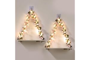 EXIN DECHEN Floating Shelves for Wall No Drilling,Wall Dcorations Art,Hanging Shelf,Leaves and Light Strip with Flower,Set of 2 Plant Decor for Home House Livingroom Bedroom Officer,Boho Decor,Gifts for Woman