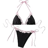 WDIRARA Women's Lace Trim Halter Bikini Set Bow Tie Side Bathing Suit 2 Piece Swimsuit