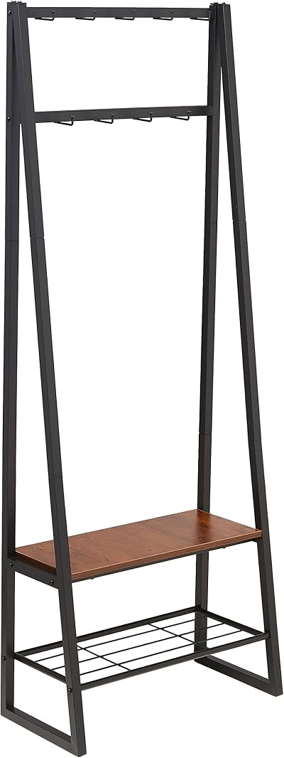Amazon Basics 9-Hook Coat Rack with Shoe Bench Black 70.1 x 33 x 175.2 cm