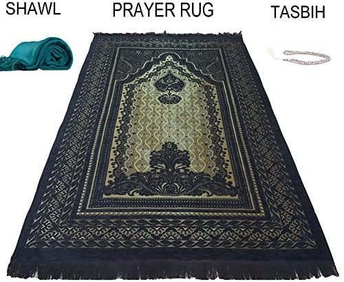 GURJHONS Turkish Prayer Rug with Pashmina Shawl Wrap Scarf and 99 BEADS MUHAMMAD ALLAH TASBIH, Zikir , Haj , Tasbeeh , Subha , Misbaha Beads (TAFTA) (BLACK)