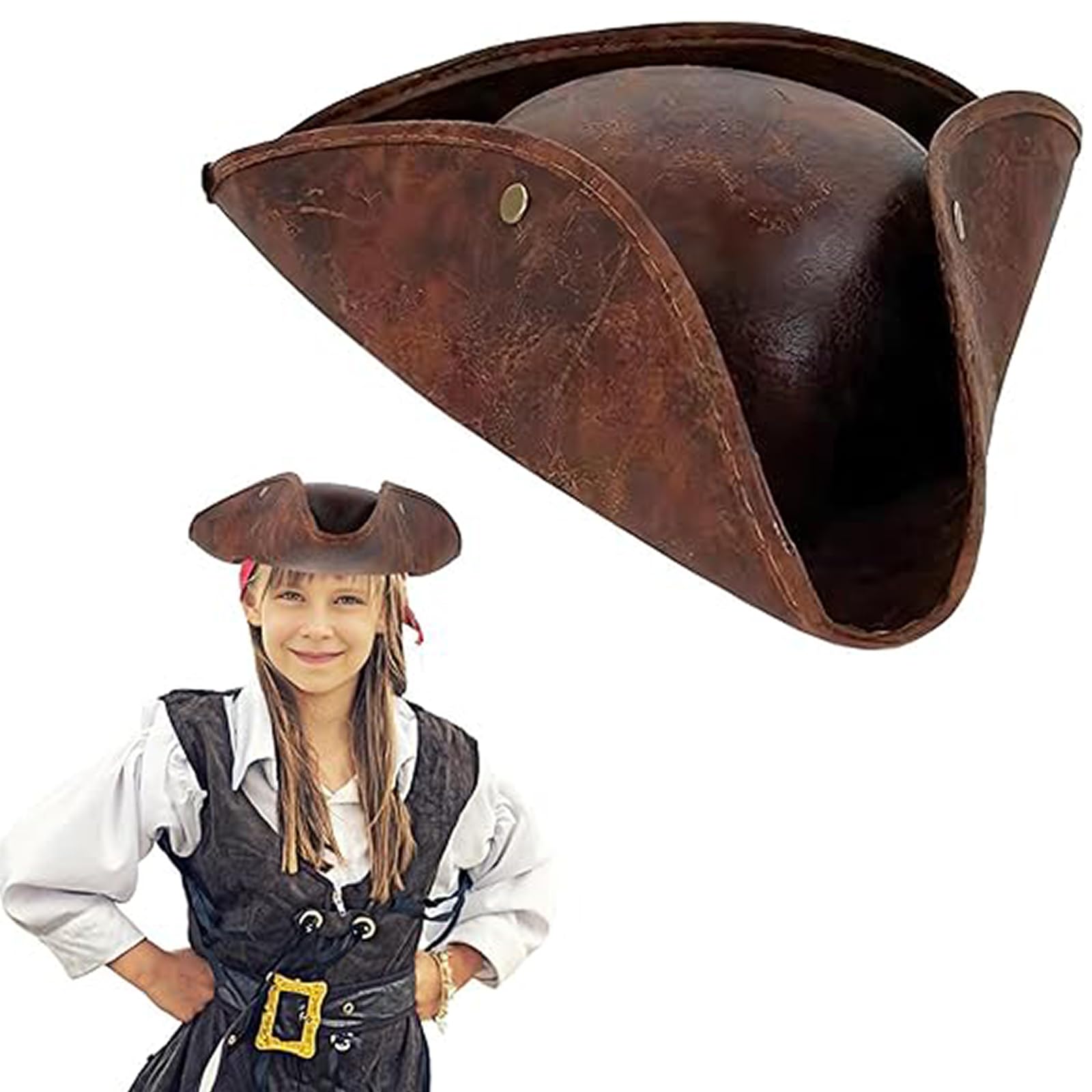 Bodeshis 1 Pcs Tricorn Hat, Pirate Hat for Women, Adult Pirate Costume Accessory, Themed Party Hat, Brown Leather Tricorn Hat for Role Play, Halloween Costume, Cosplay and Fancy Dress