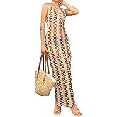 Novaorily Women Sexy Halter See-through V Neck Hollow Bikini Bathing Suit Coverup Crochet Beach Maxi Dress