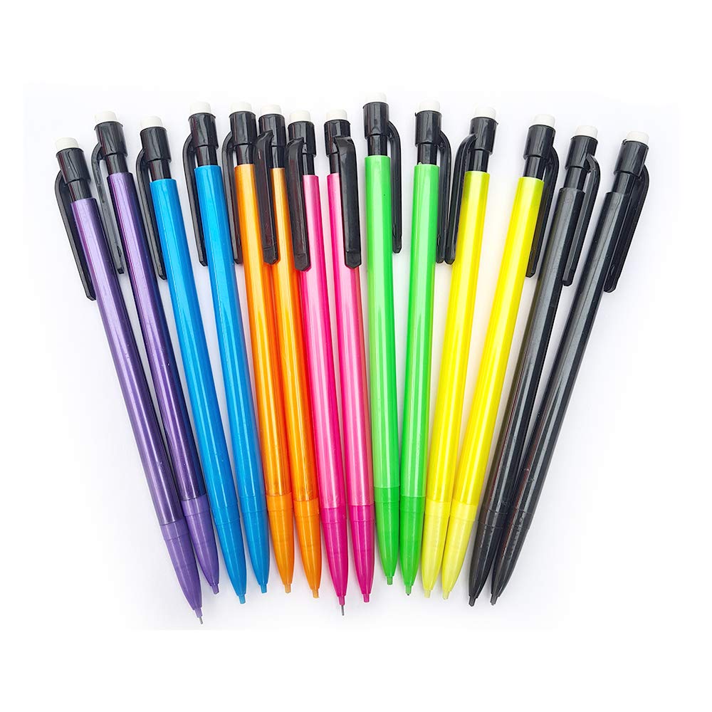 Mechanical Pencils – Set of 14 – Assorted Barrel Colours – No Sharpening – Easy to Use and Erase - Precise Drawing and Good Handwriting - Keep Your Message on Point