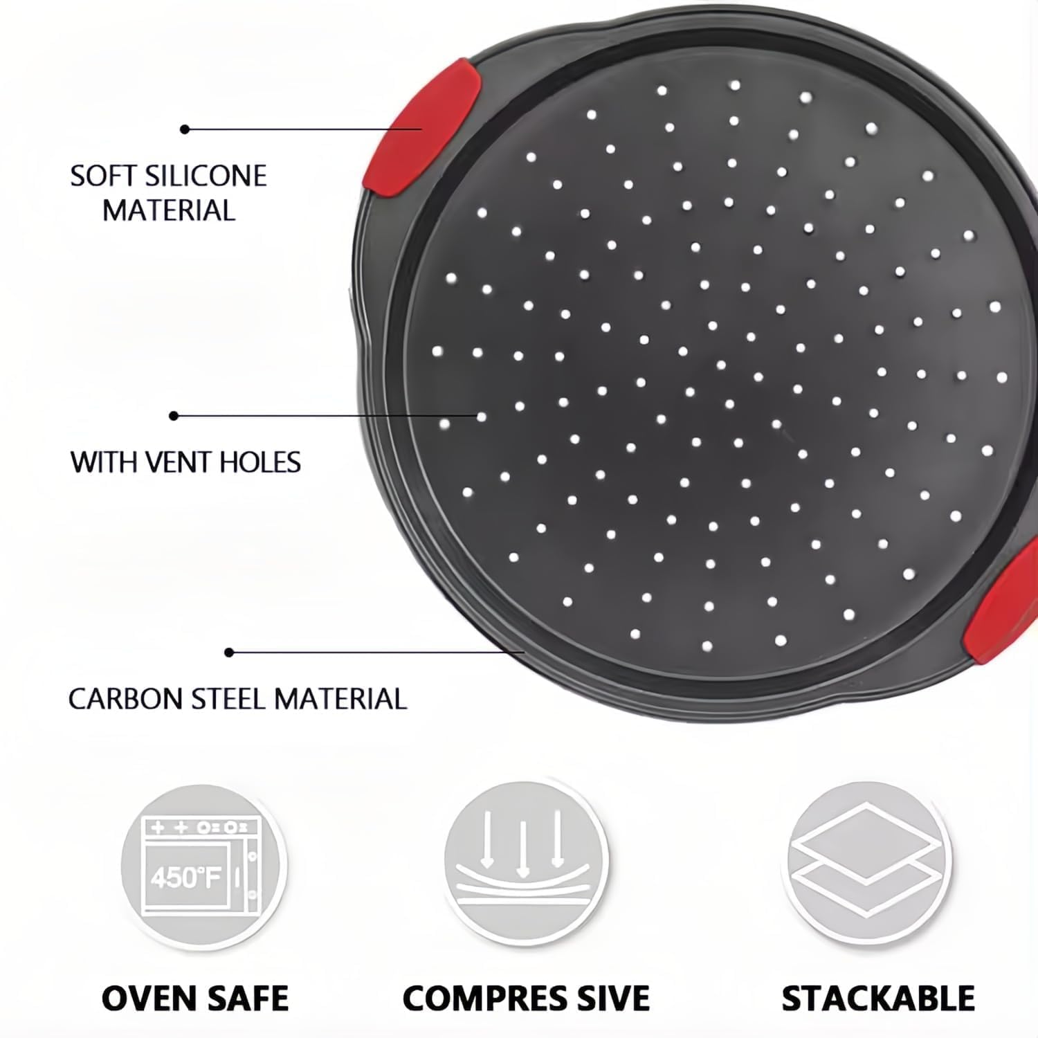 13 Inch Pizza Pan for Oven (2 Pack) Round Pizza Pan with Holes - Non-Stick Carbon Steel Pizza Tray with Silicone Handles - for Cooking, Baking, and Grilling - Dishwasher Safe