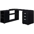 BELLEZE L Shaped Computer Desk, 60” Study Writing Table Home Office Desk Morden Corner Workstation Setup with Adjustable Storage Shelves and 3 Drawers, Black