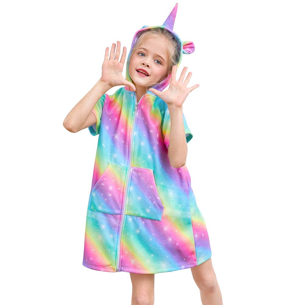 Beinou Terry Swim Cover Up Girls Swimwear Coverups Beach Dress, Rainbow Unicorn, 4-5 Years