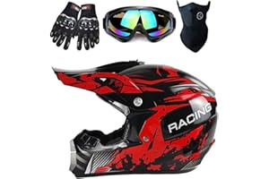 TTMiku Youth Dirt Bike Helmet, Kids Motocross ATV BMX 4-Wheeler Off-Road Full Face Motorcycle Helmet W/Goggles Gloves Mask, DOT Approved (4Pcs Set)
