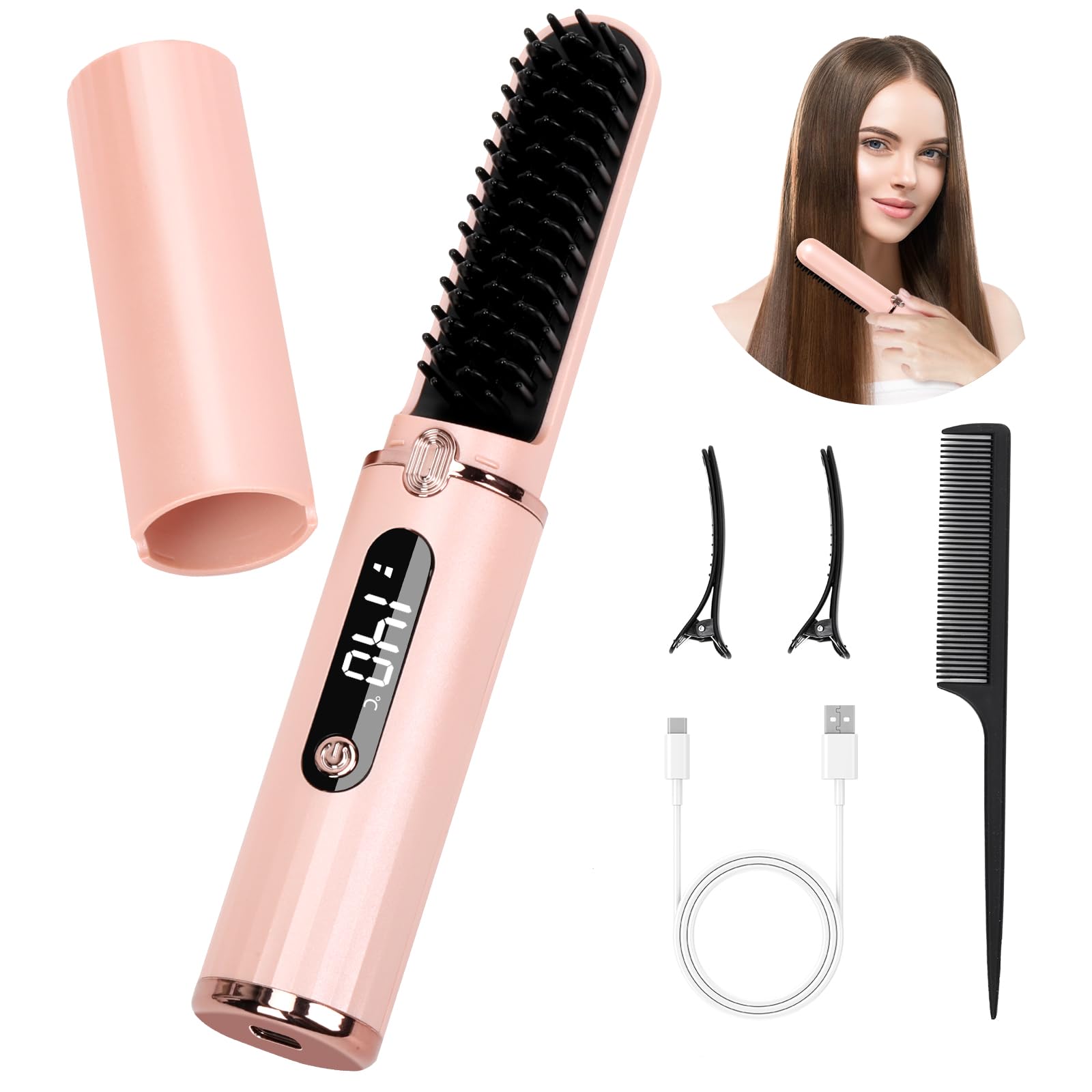 Cordless Hair Straightener Brush, Portable Hot Comb Hair Straightener Negative Ion Hair Straighteners Comb for Women 4 Temperature Beard Straightener Brush USB Rechargeable Anti-Scald Auto-Off