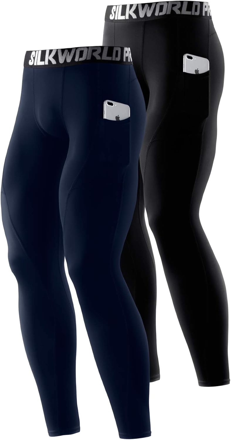 SILKWORLD Men's 1~3 Pack Compression Pants Pockets Dri Fit Gym Leggings Baselayer Running Tights at  Men’s Clothing store