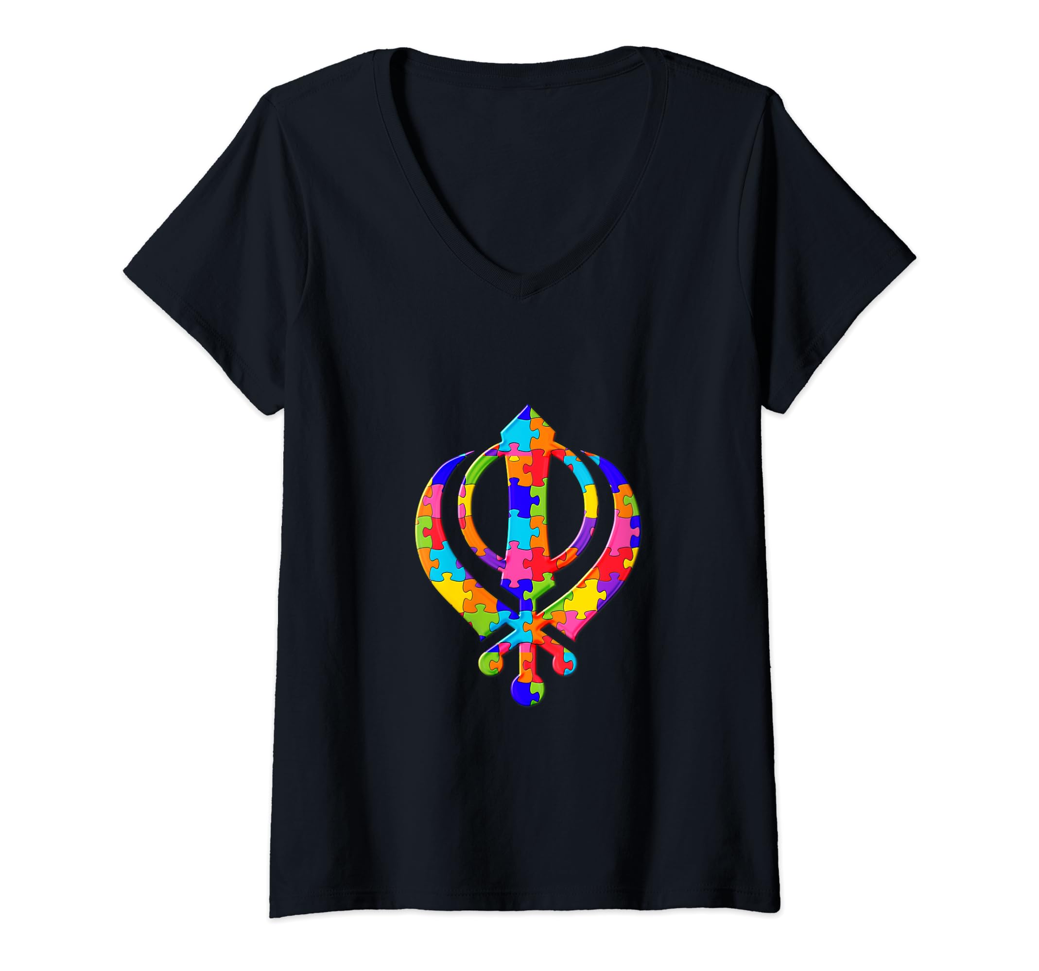 Khanda Sikhism Puzzle Autism Puzzle V-Neck T-Shirt