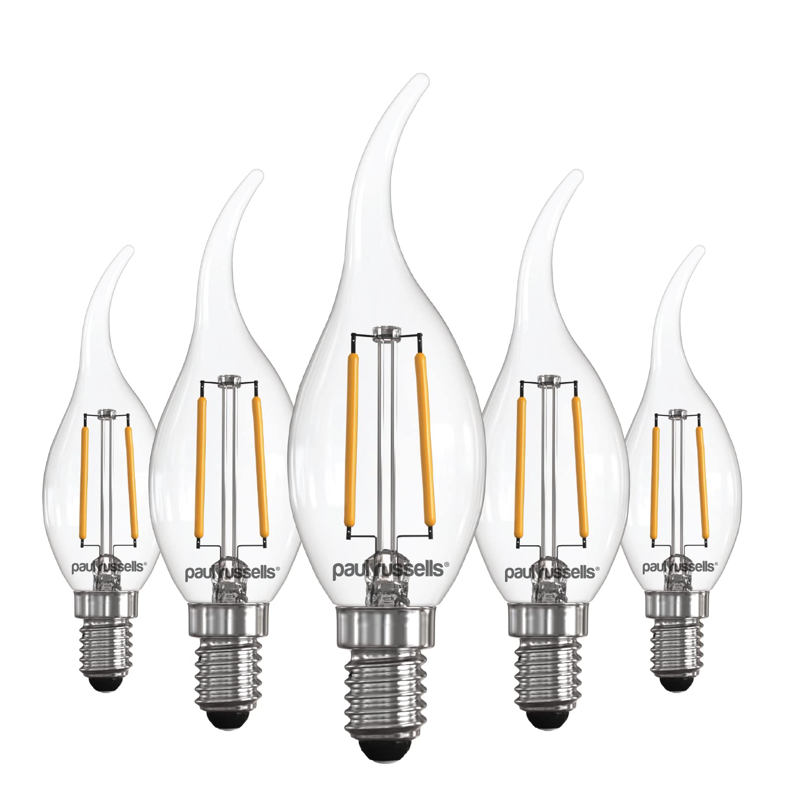 paul russells LED Flame Candle Filament Light – 2.5W 25W Equivalent Replacement, 250LM Lumens, 2700K Warm White, SES E14 Small Edison Screw C35T Bulbs – Energy Saving Non-Dimmable Lamps - 5 Pack