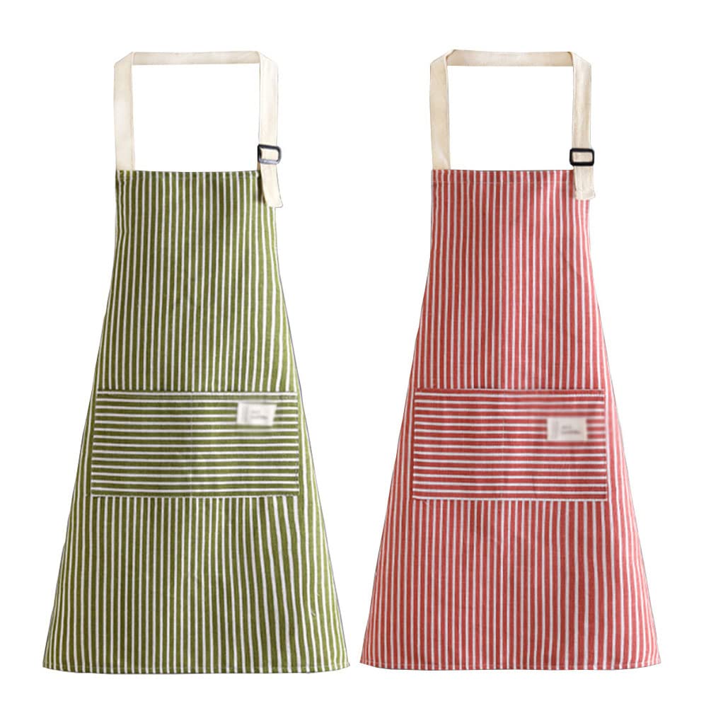 ViLiyDuo Pack of 2 Cooking Aprons, Kitchen Aprons, Waterproof Bib Apron with 2 Pockets, Barbecue Apron, Men and Women, Kitchen Apron, for Kitchen, Restaurant, Baking Apron, Green + Red, 68 x 70cm