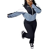 Ophestin Women 2 Piece Outfits Sweatsuits Color Block Long Sleeve Zip Up Cropped Jacket Jogger Pant Set Tracksuits