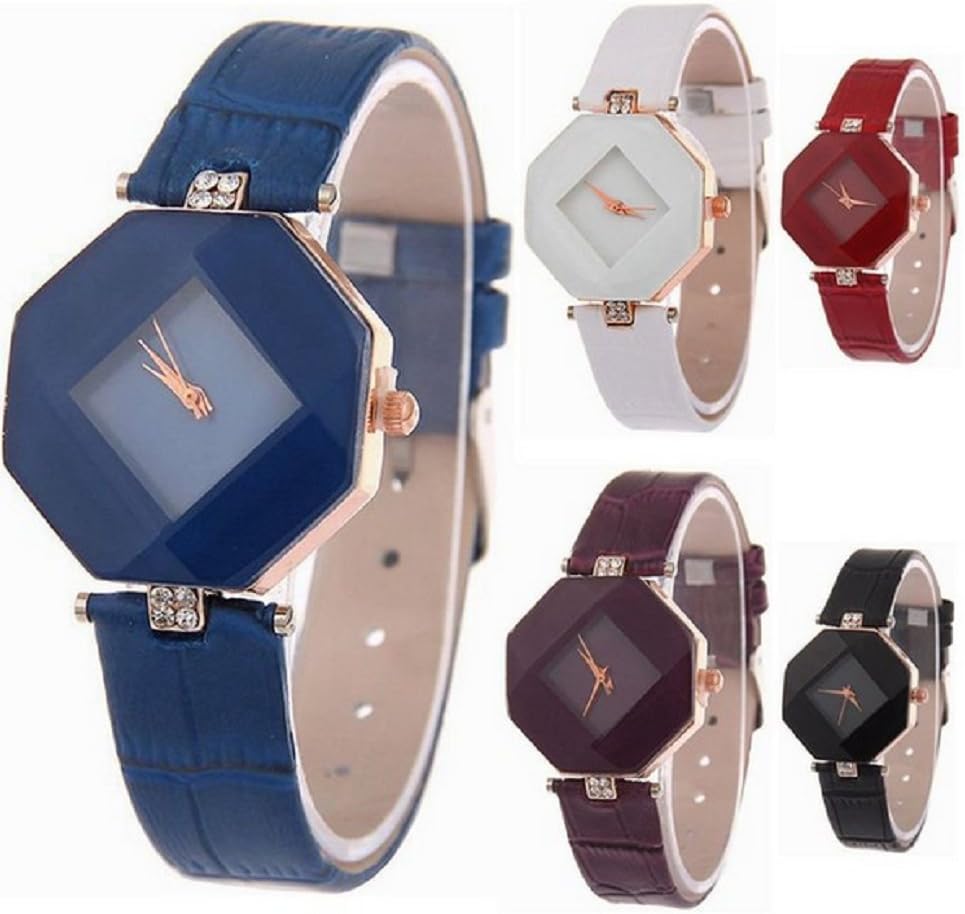 Fashion Women Ladies Leather Band Analog Quartz Prism Watch 6 Pcs Fiiliip (Mixed Color)