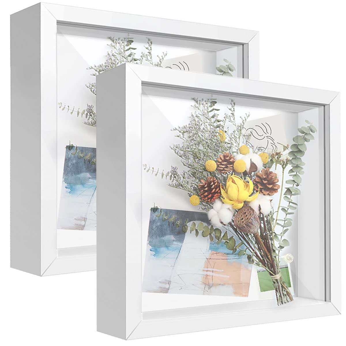 SUNMEG 2Pcs 3D Shadow Box 8x8 Picture Frame Wooden Deep Box Square Photo Frames Desktop or Wall Hanging for Medal, Flower & Crafts Display
