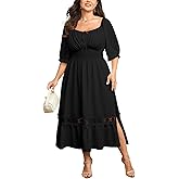 SHESTARR Womens Plus Size Maxi Dress Short Sleeve Square Neck Tie Front Smocked Empire Waist A Line Flowy Lace Trim Side Slit