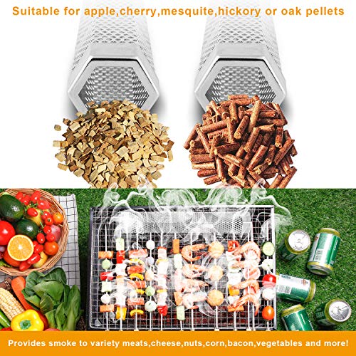Pellet Smoker Tube,12"Stainless Steel BBQ Wood Pellet Tube Smoker for Cold/Hot Smoking,5 Hours of Billowing Smoke-for Any Grill or Smoker.Hexagon , Accessories -2 S Shape Hooks,1 Cleaning Brush.